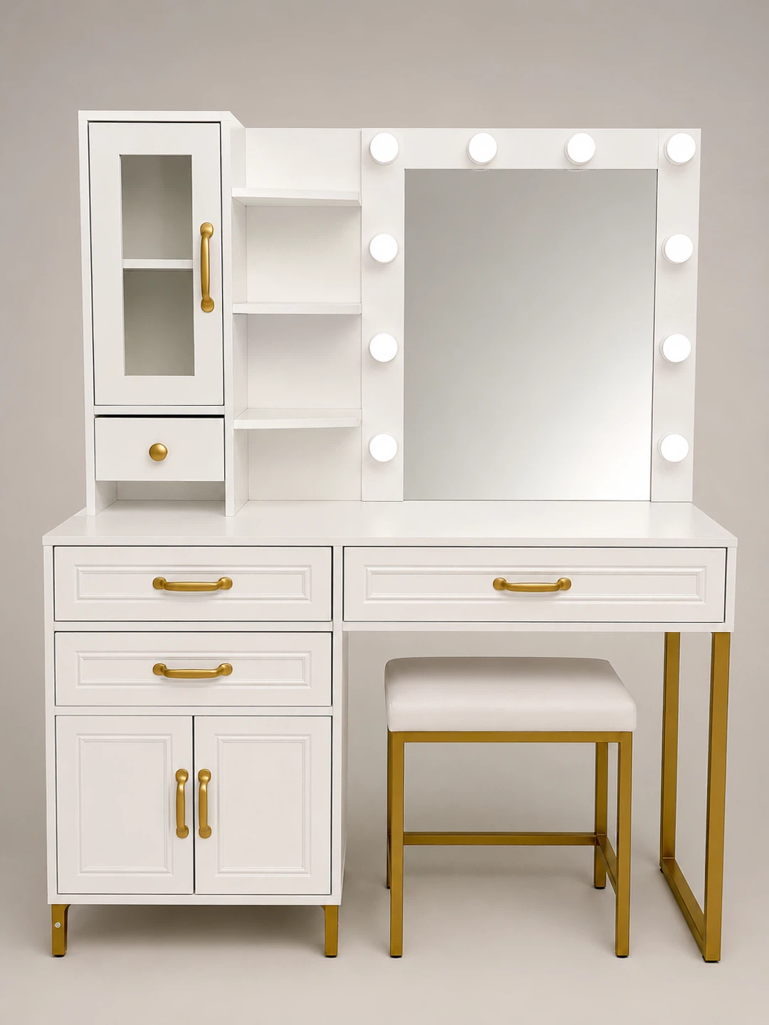 White Vanity Set with Hollywood Mirror and Stool