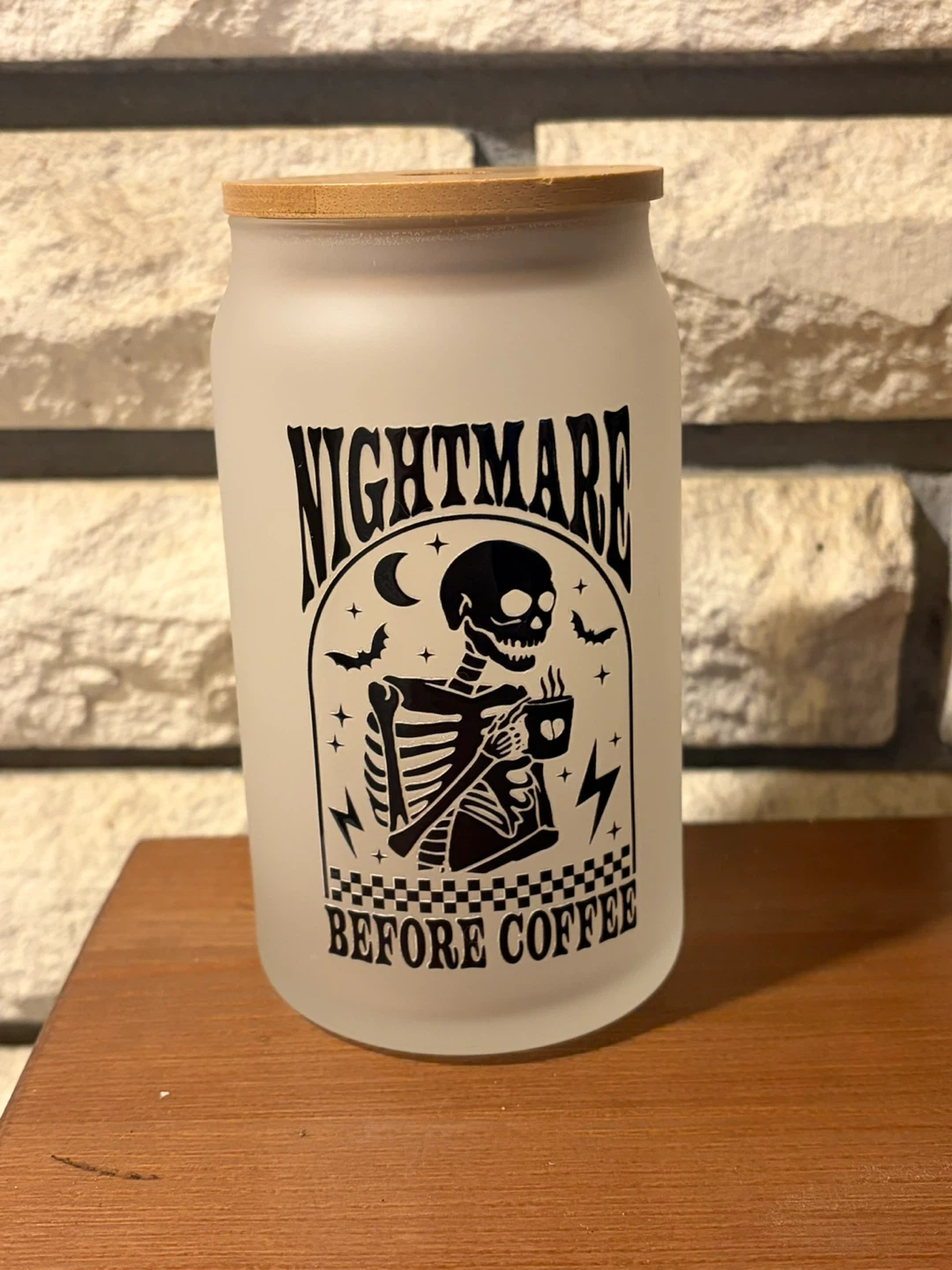 Frosted Glass Tumbler with Skeleton Graphic