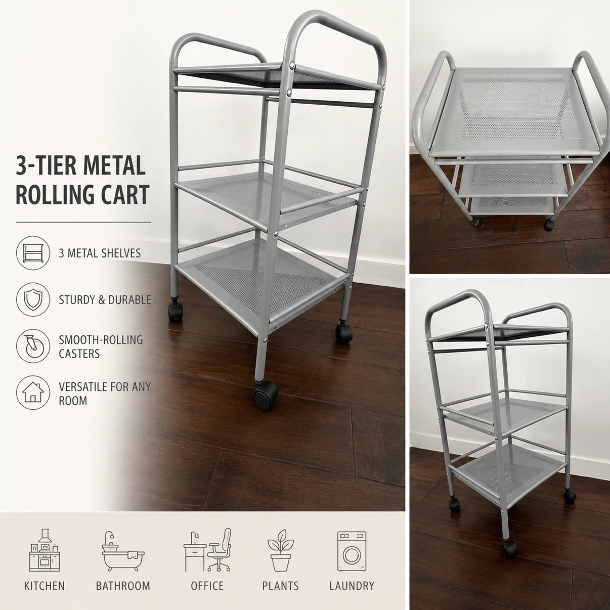 3-Tier Metal Rolling Utility Cart with Wheels