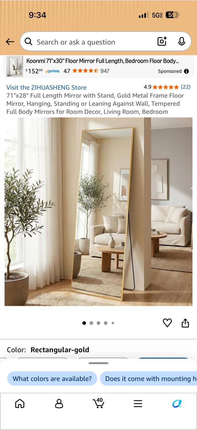 Koonmi 71"x30" Full Length Floor Mirror - Gold Metal Frame - photo 2