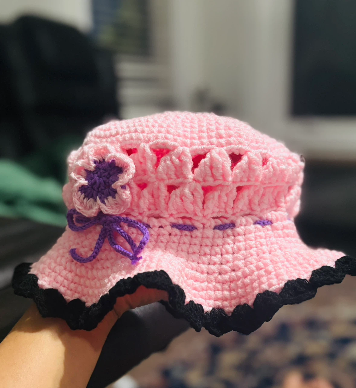 Hand-Crocheted Pink Bucket Hat with Flower Accent