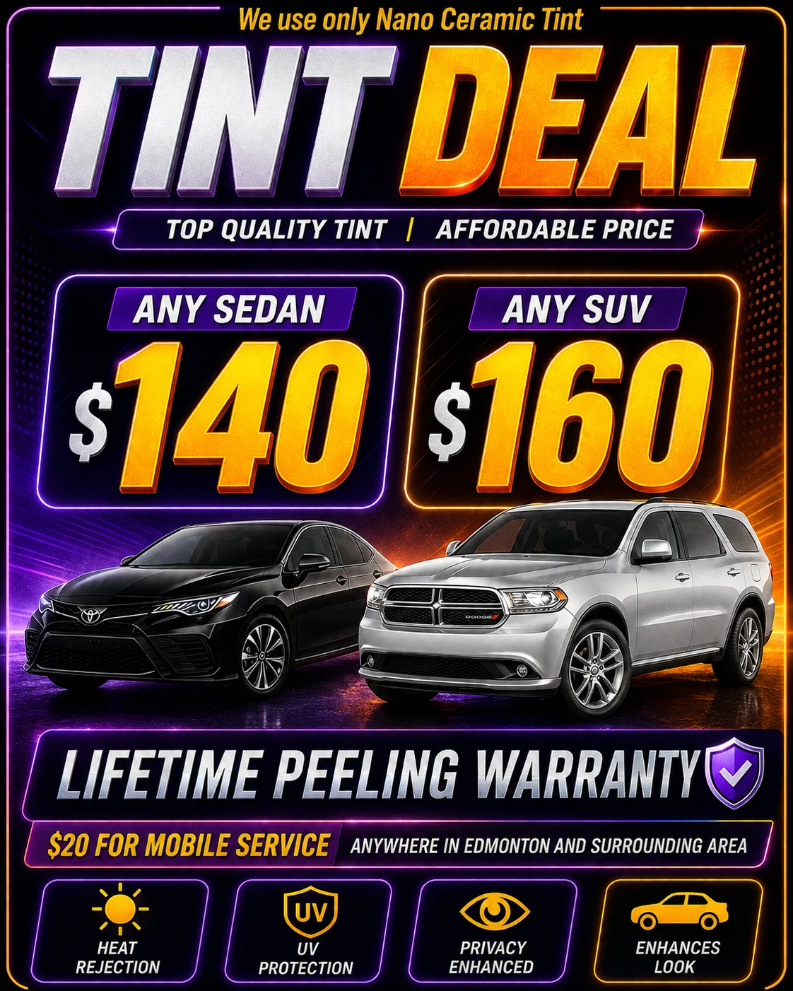 Car Window Tinting Deal - Any Sedan $140, Any SUV $160