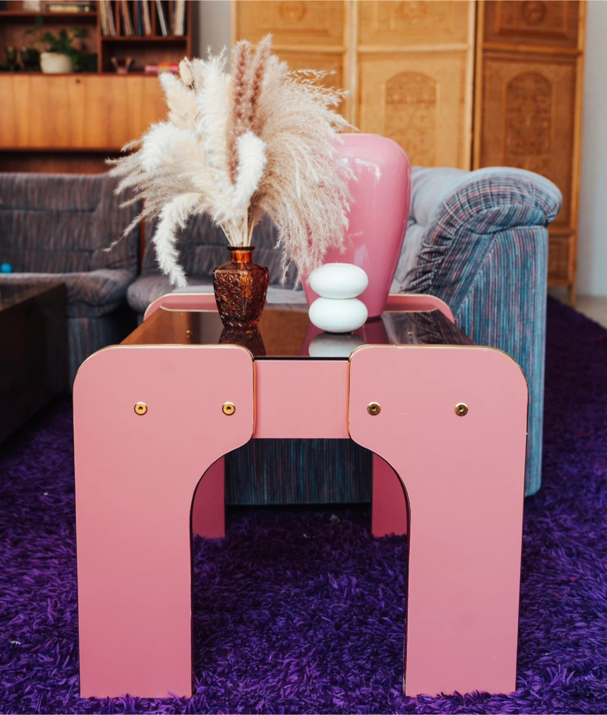 1980s Postmodern Blush Pink Lacquer Side Table with Smoked Glass
