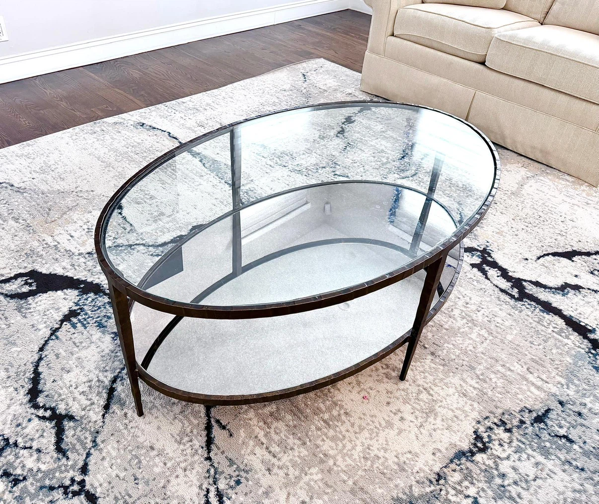Crate and Barrel Oval Glass Coffee Table with Metal Frame