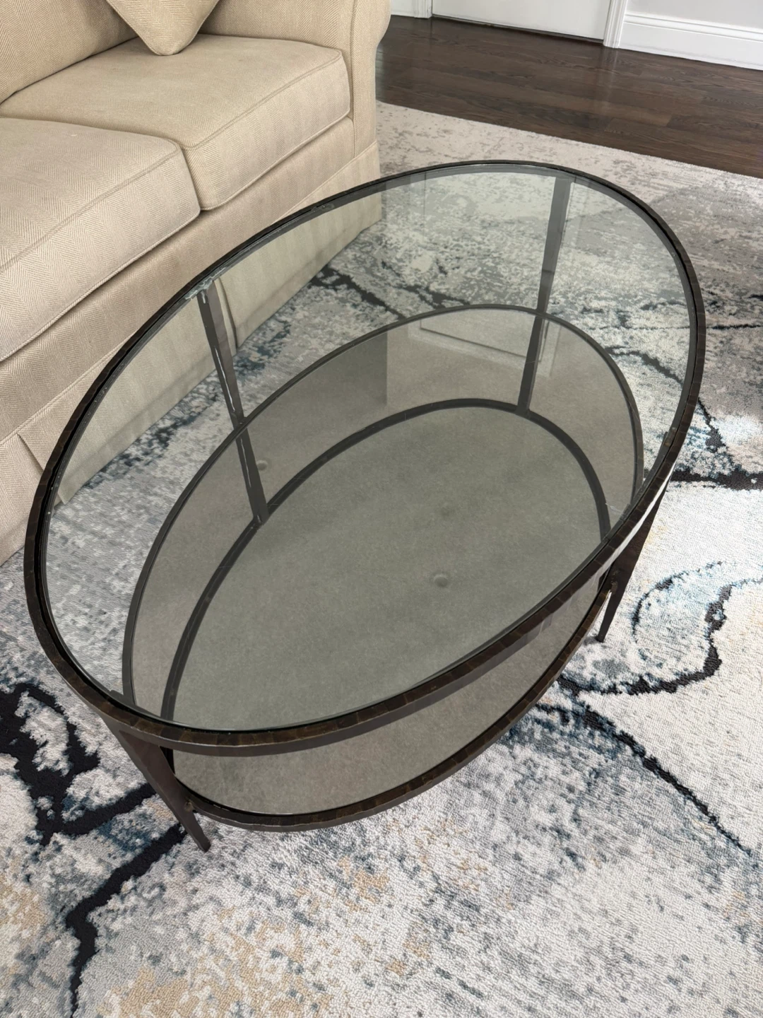 Crate and Barrel Oval Glass Coffee Table with Metal Frame - photo 3