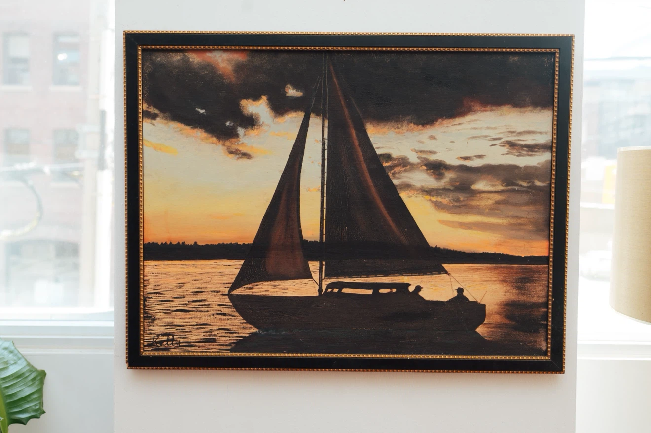 Framed Sailboat Sunset Oil Painting with Studded Border