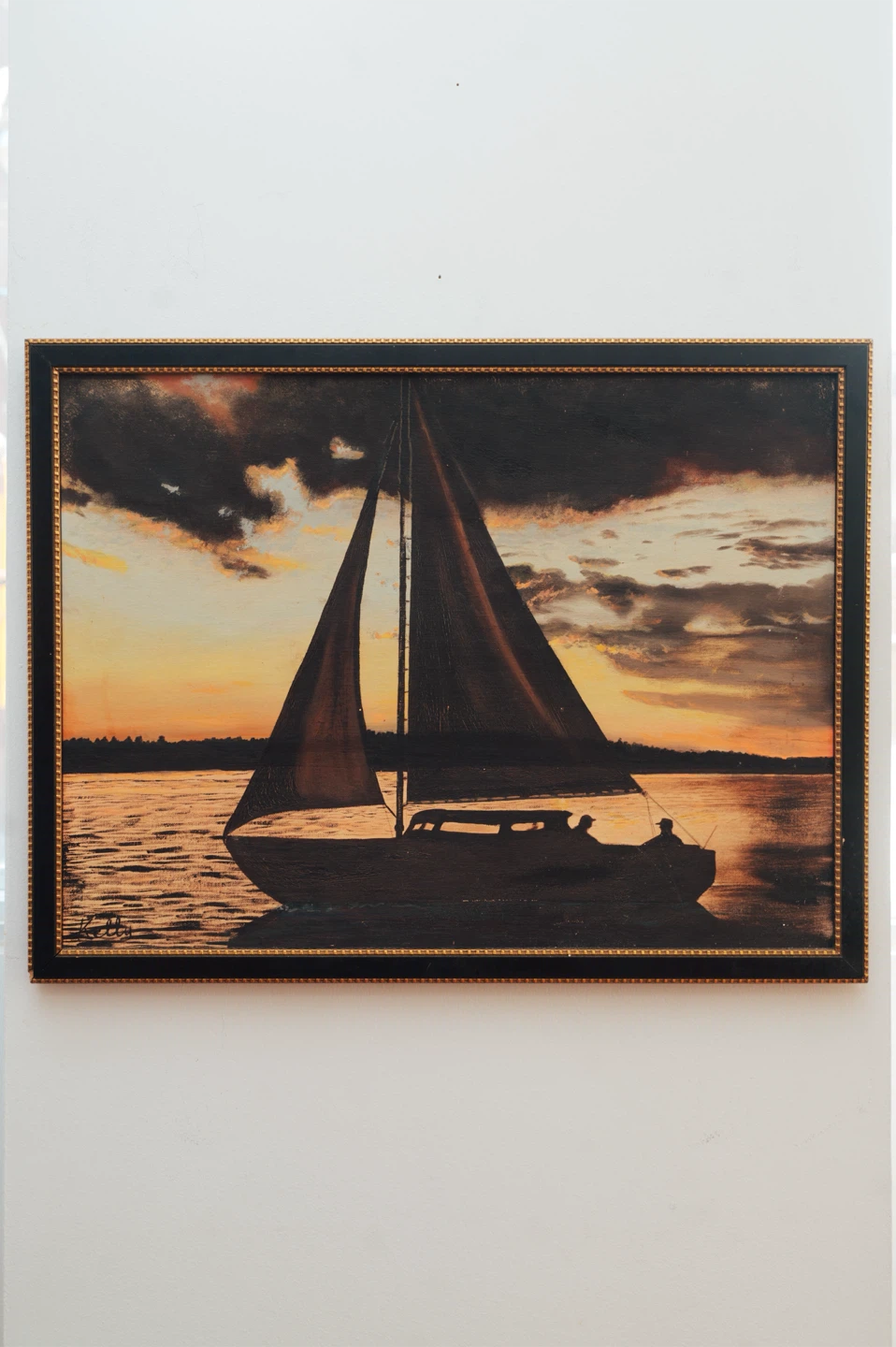 Framed Sailboat Sunset Oil Painting with Studded Border - photo 3