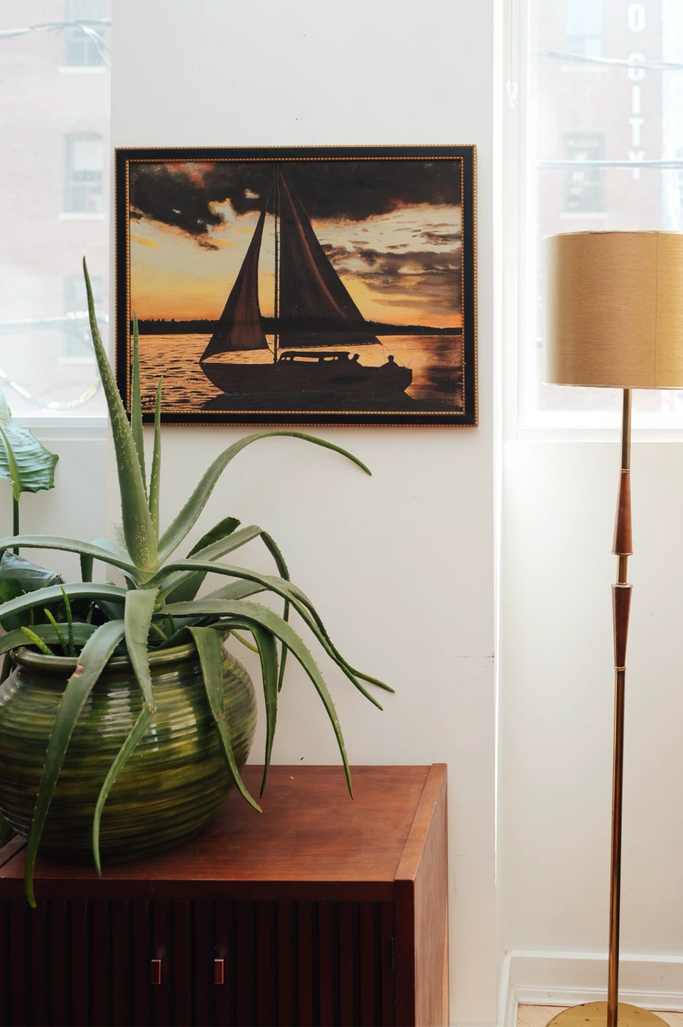 Framed Sailboat Sunset Oil Painting with Studded Border - photo 4
