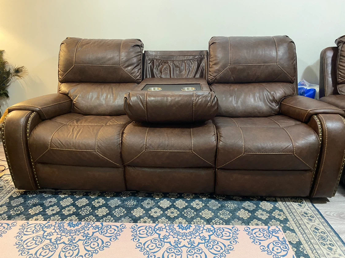Brown Leather Reclining Sofa with Cup Holders