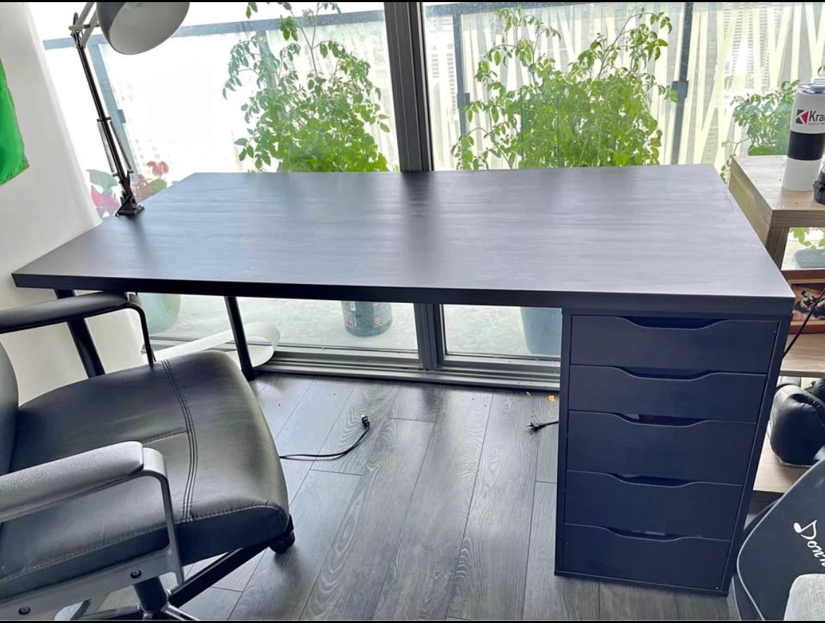 IKEA (desk and desk lamp) and office chair.
