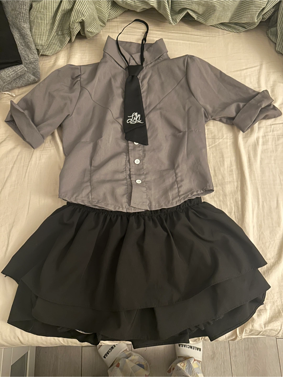 Grey Shirt and Black Skirt Set with Tie