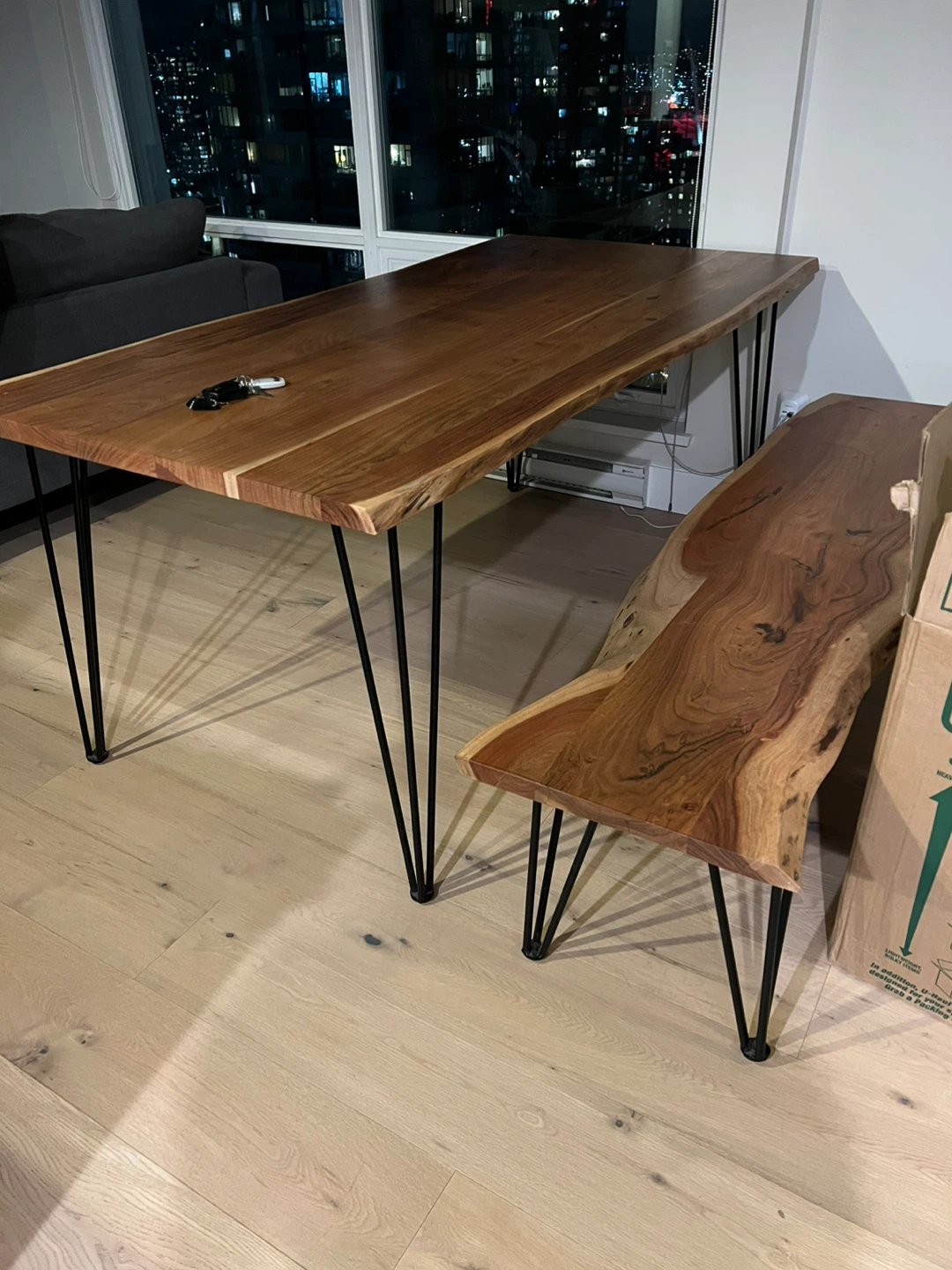 Structube solid Acadia wood dining table and bench