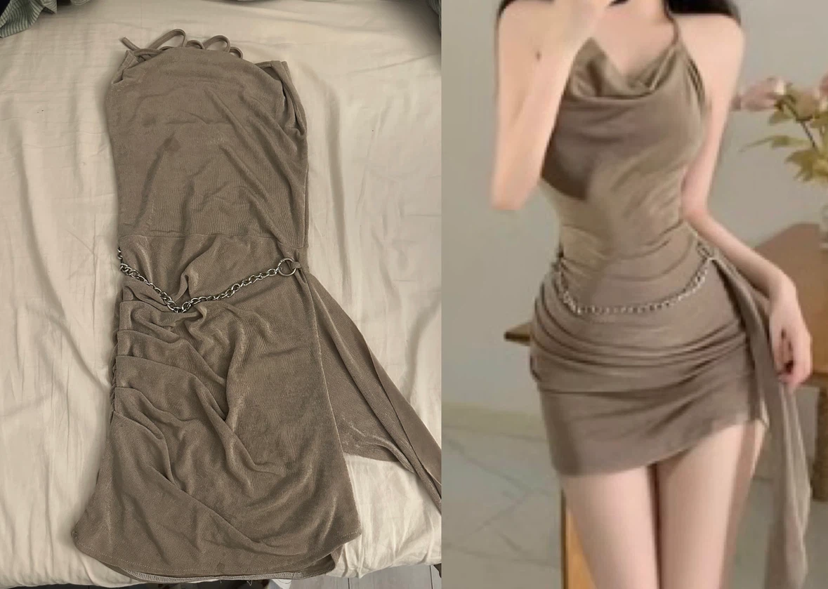Brown Ruched Halter Dress with Chain Detail