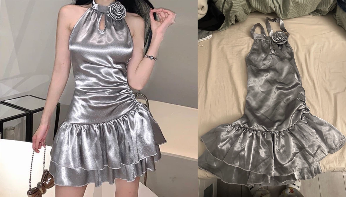Silver Ruched Halter Neck Dress with Rose Detail