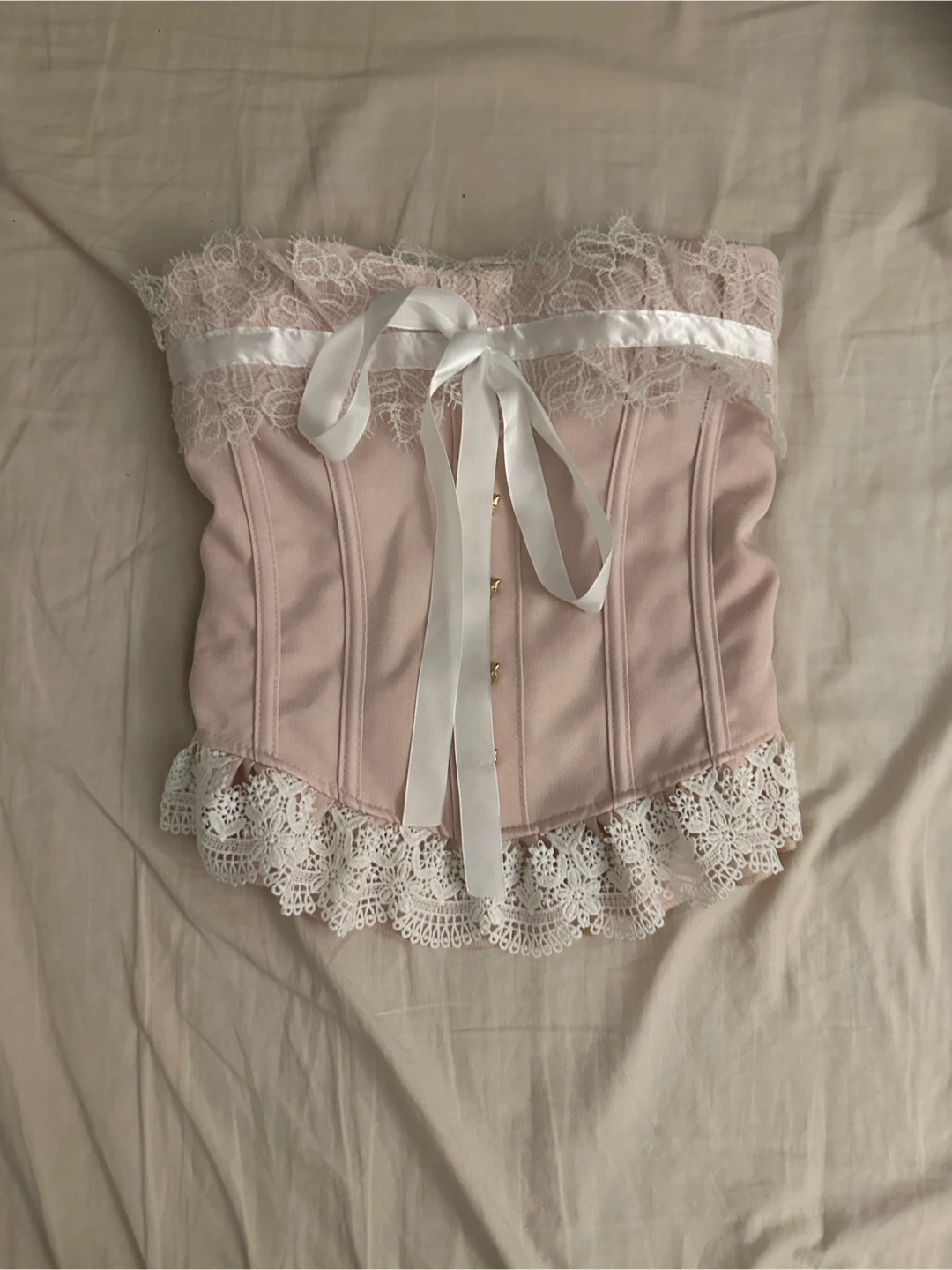 Pink lace trim corset with ribbon tie