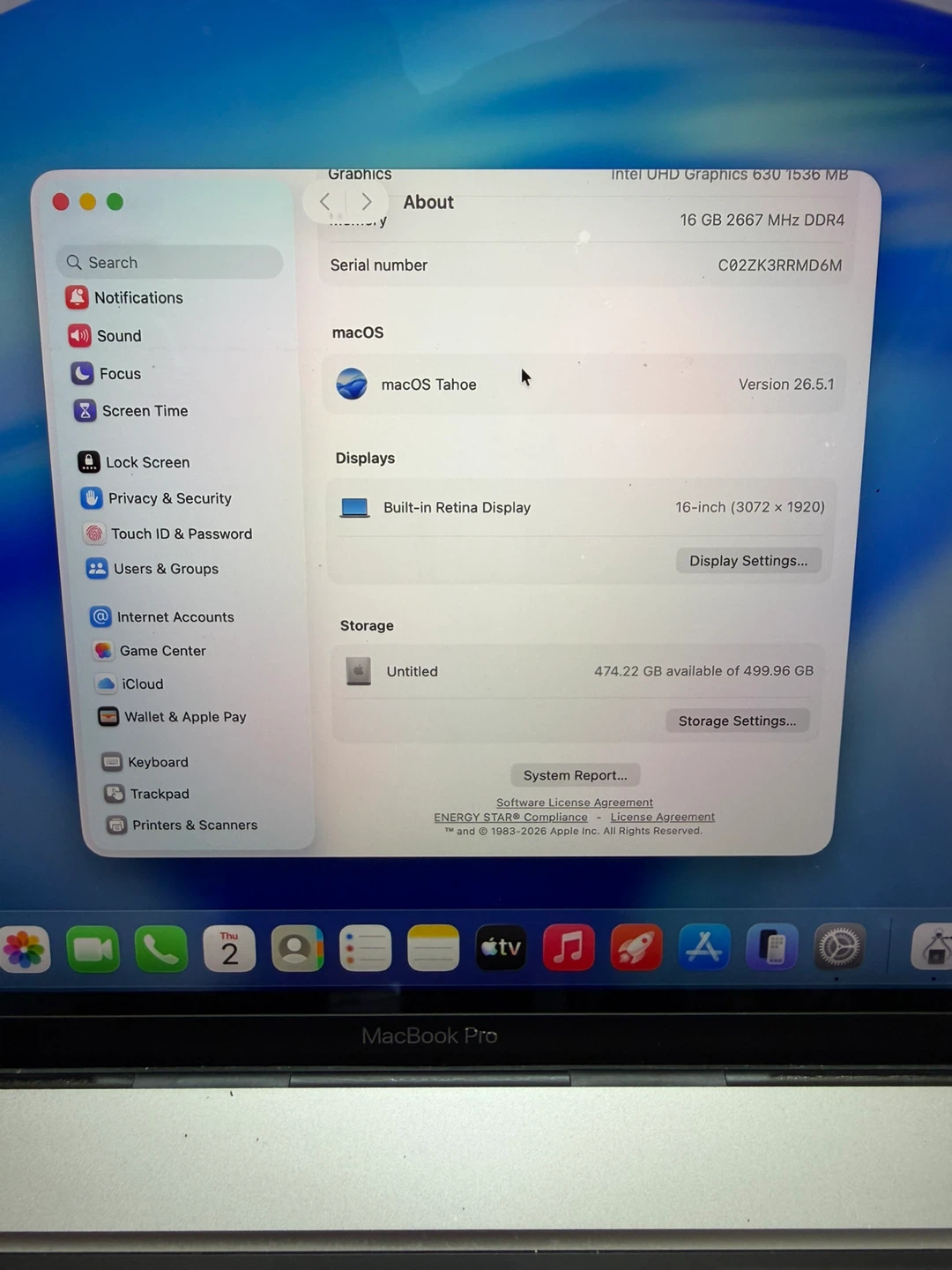 MacBook Pro 16 inch 2019 16GB RAM 512GB SSD MacOS Tahoe - photo 3