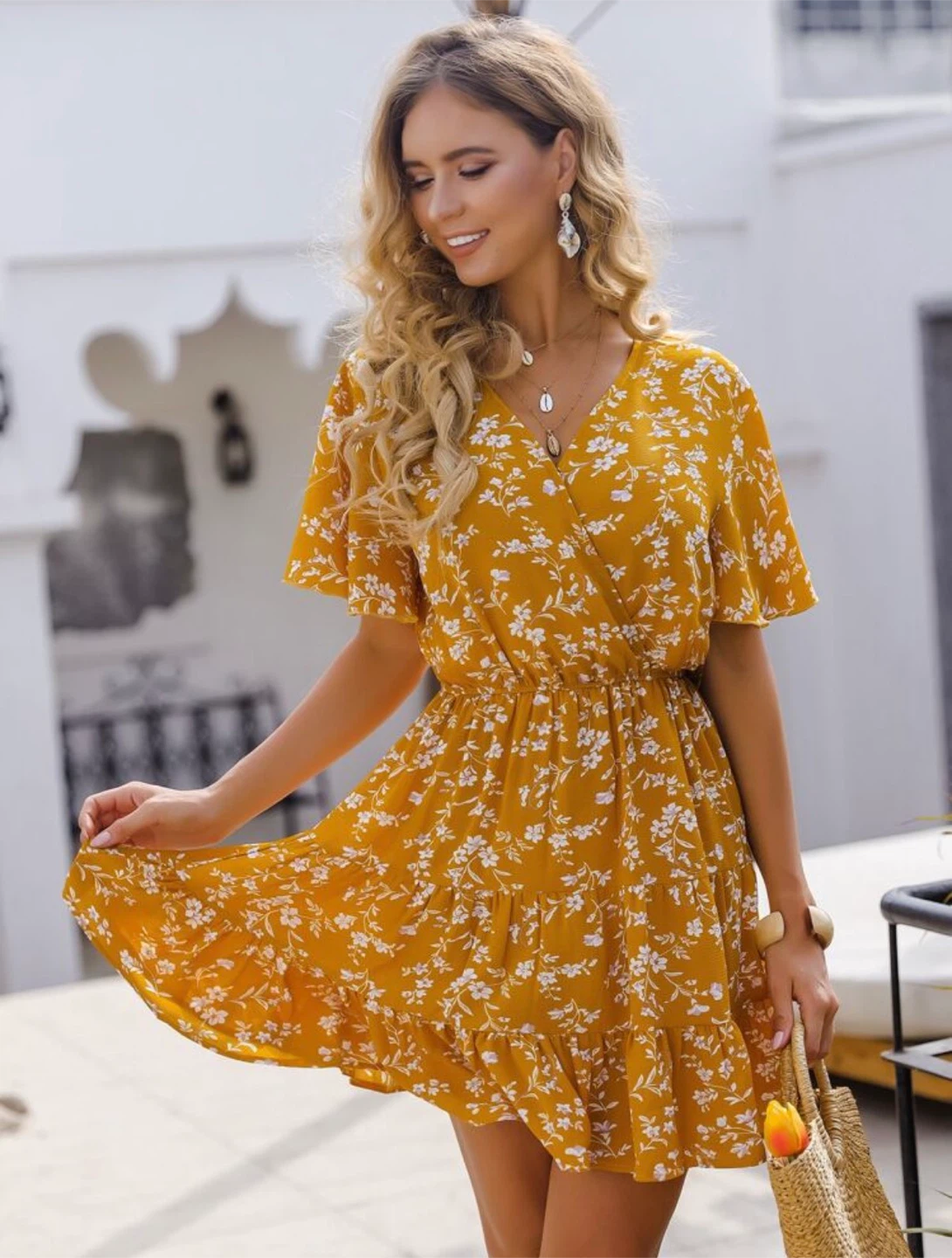 Yellow Floral V-Neck Mini Dress