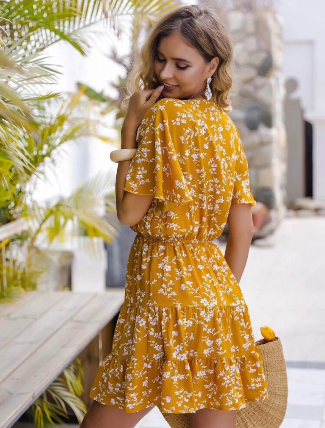 Yellow Floral V-Neck Mini Dress - photo 2