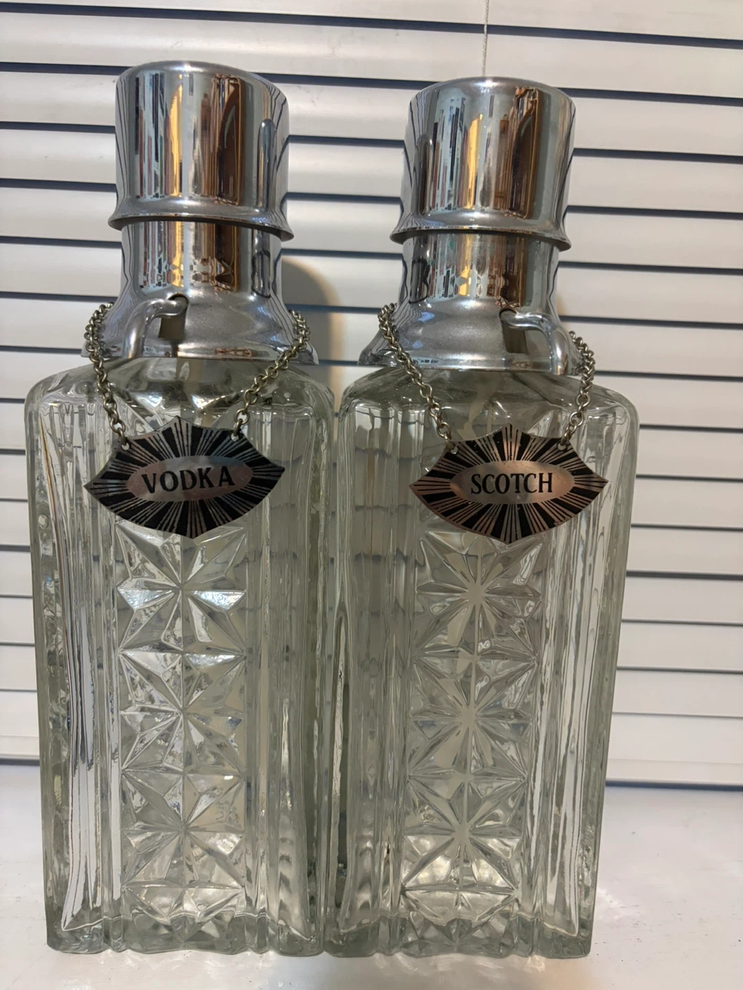 Set of 2 Vintage Glass Decanters - Vodka & Scotch
