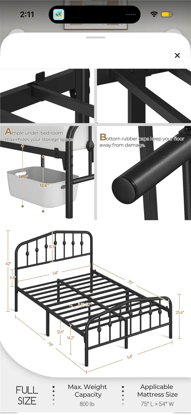 Black Metal Full Size Bed Frame - photo 3
