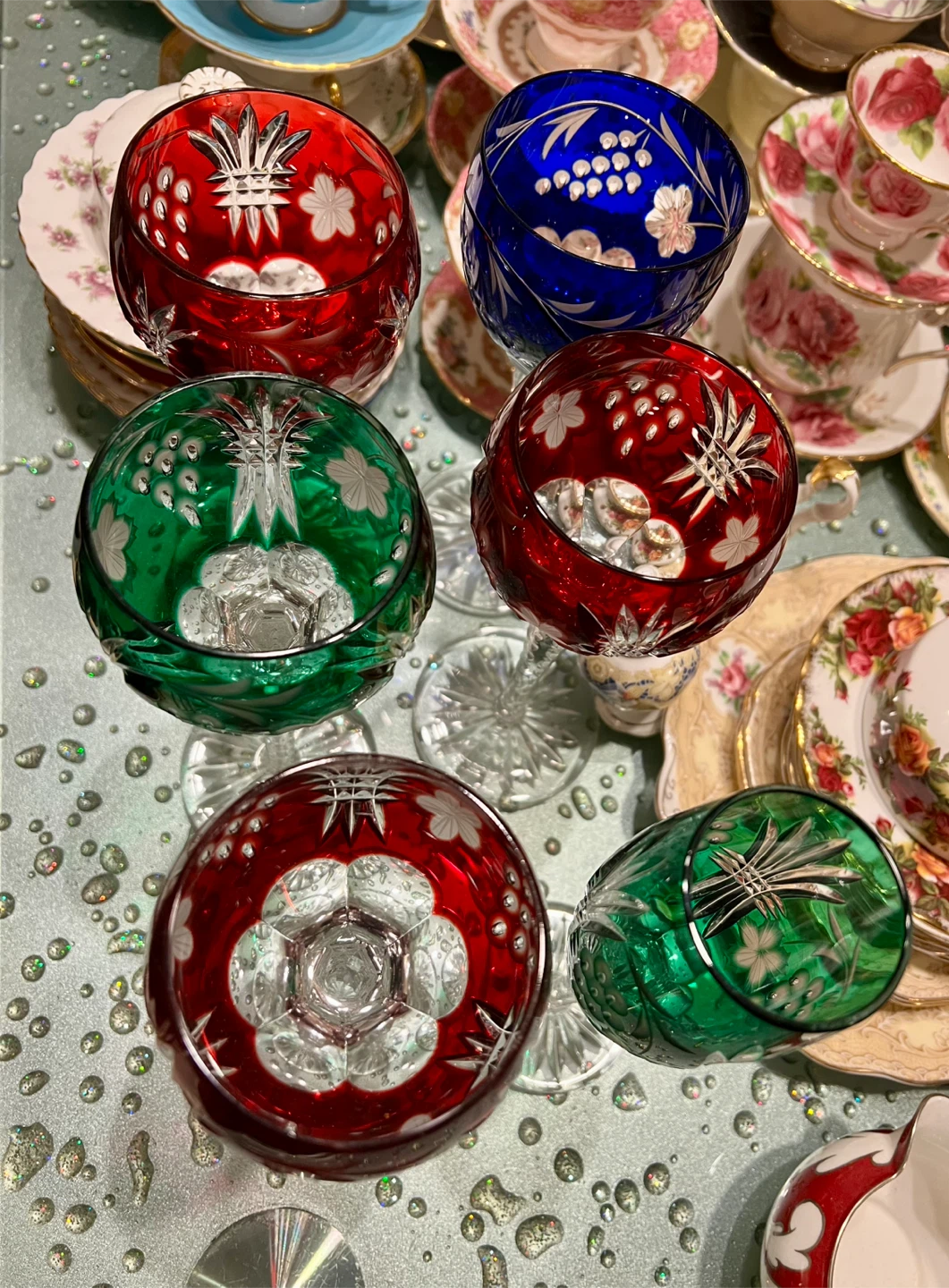 Vintage Set of 5 Coloured Cut Crystal Wine Glasses