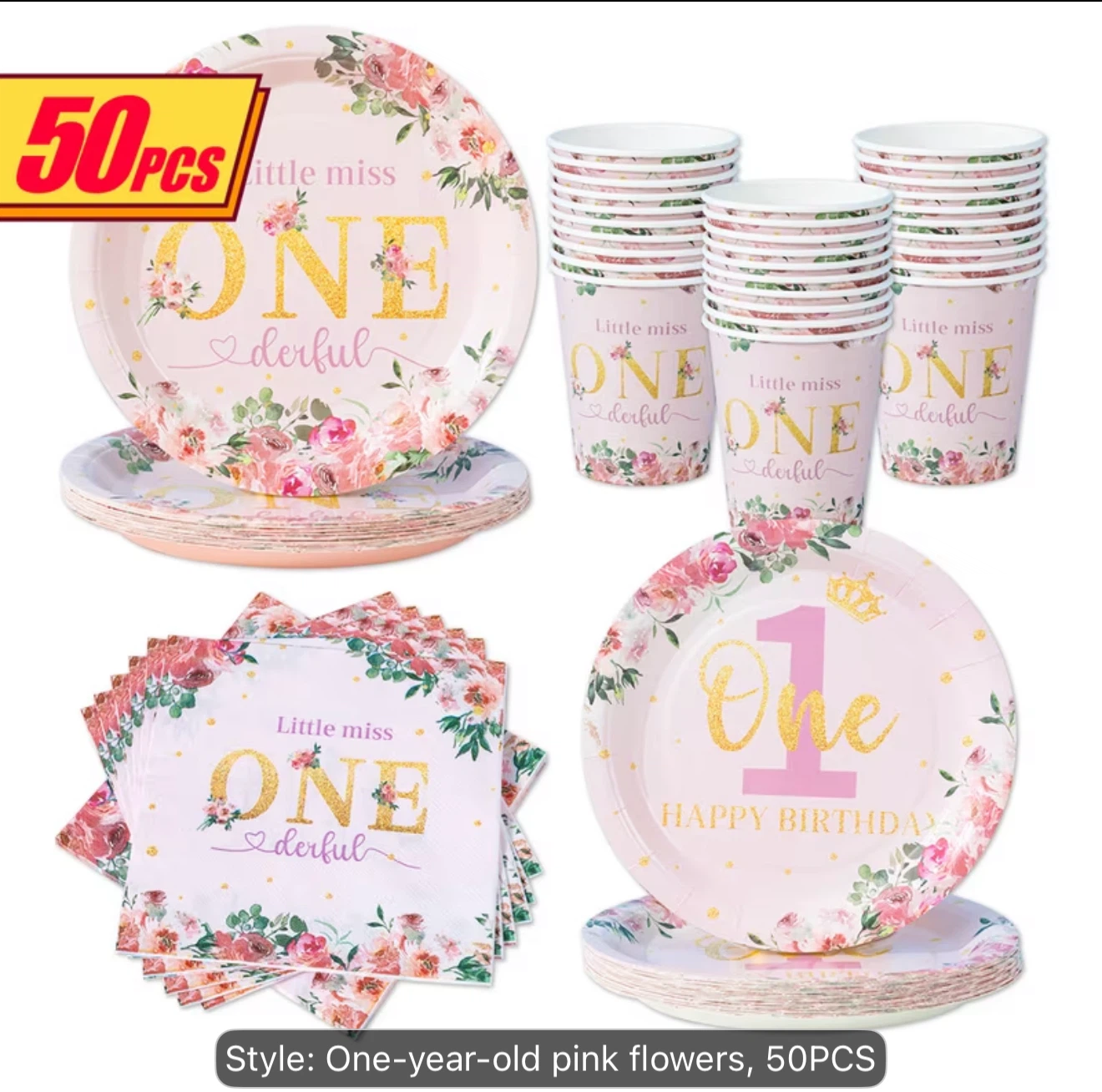 1st Birthday Party Supplies - Pink Flowers 50PCS