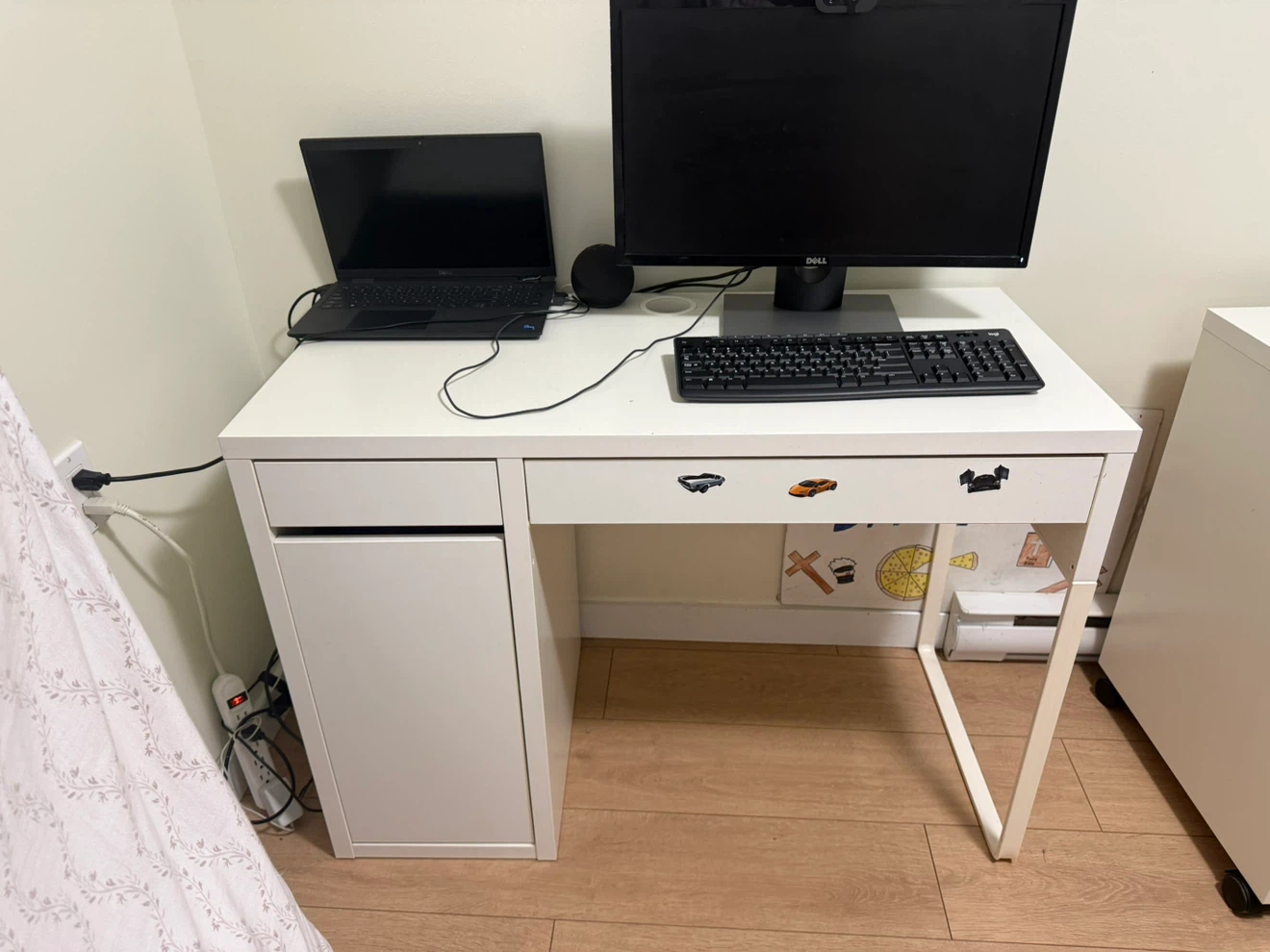 White IKEA Desk with Drawer and Cabinet