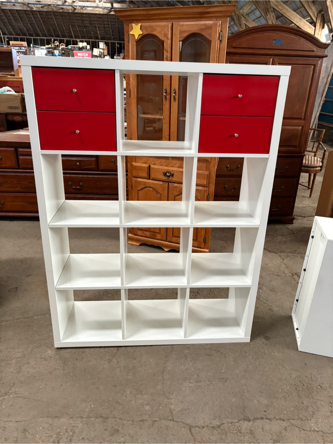 White Shelf Unit with 4 Red Drawers