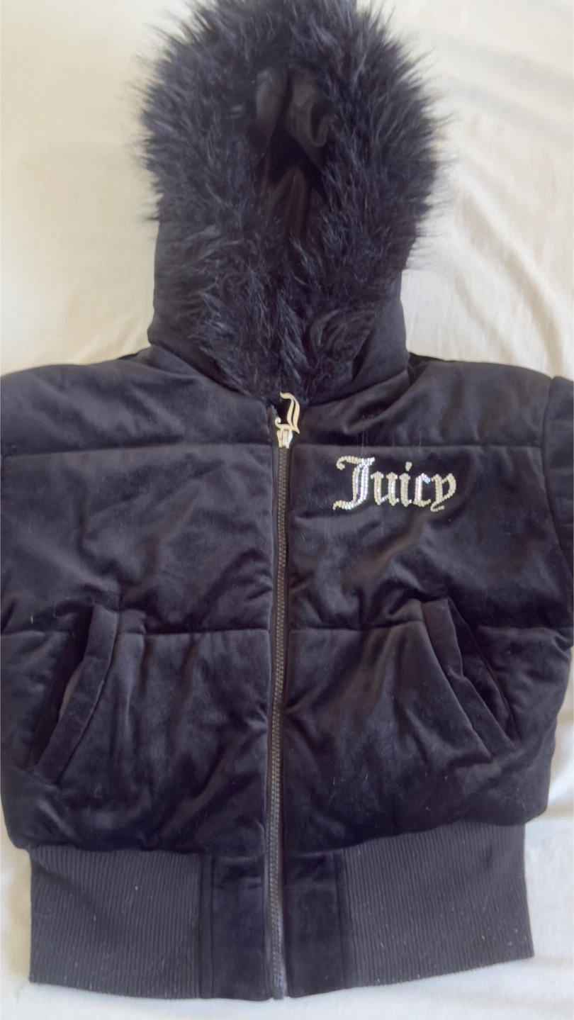 Juicy Couture Black Velour Puffer Jacket with Faux Fur Hood