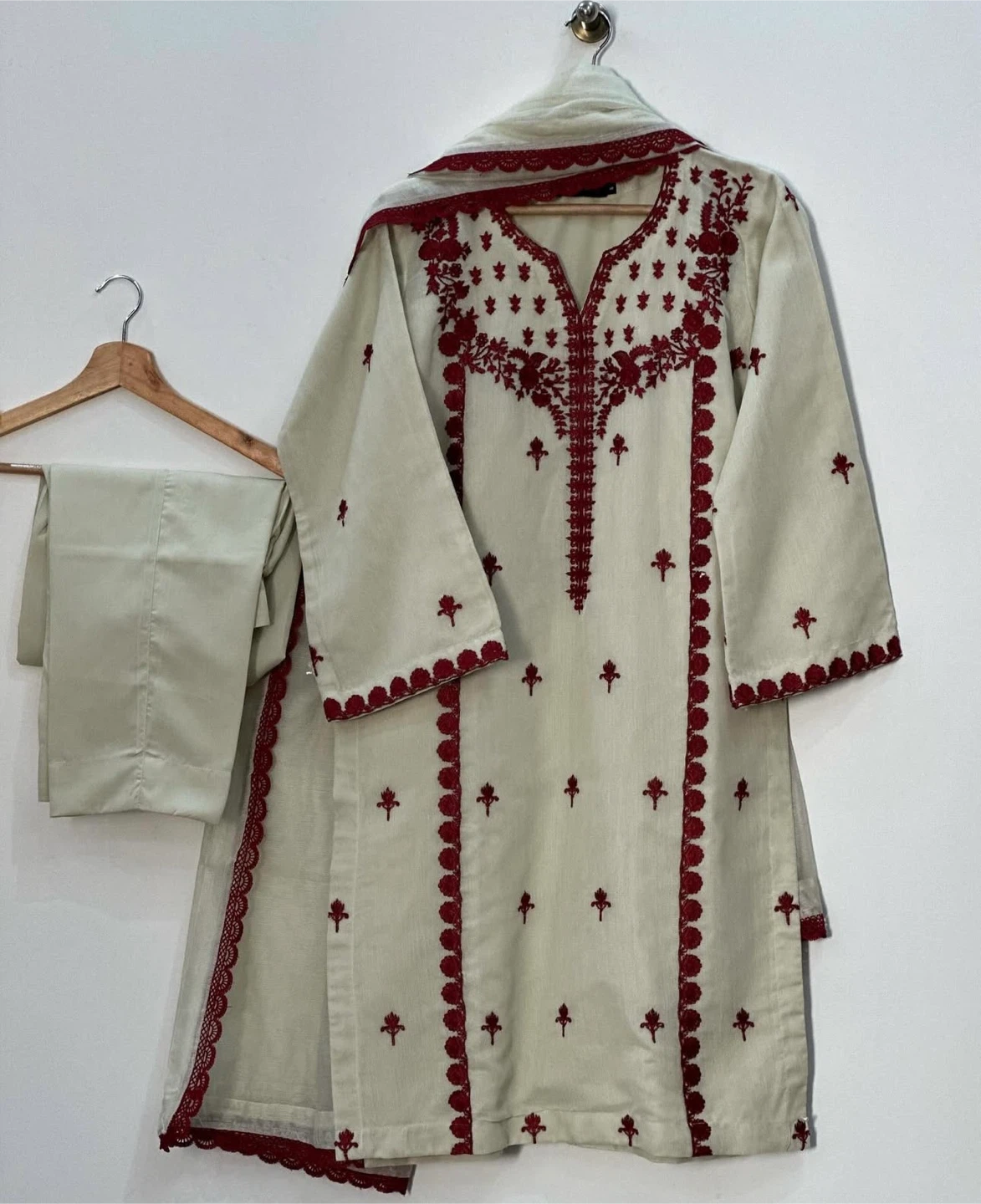 Cream Embroidered 3-Piece Suit with Red Accents
