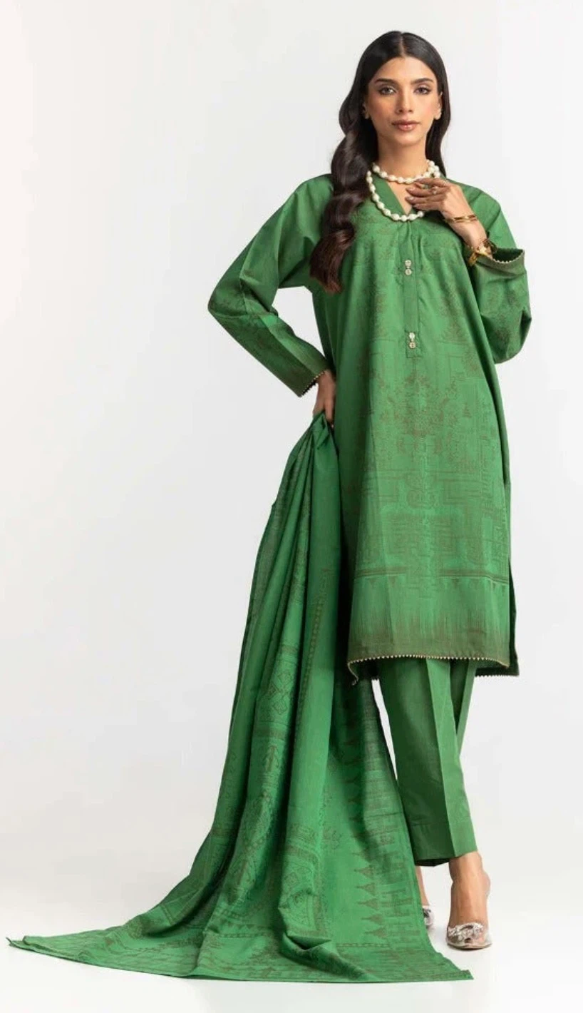Green printed jacquard three piece lawn suit