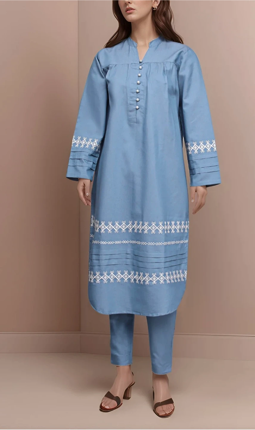 Blue Embroidered Kurti and Pants Set