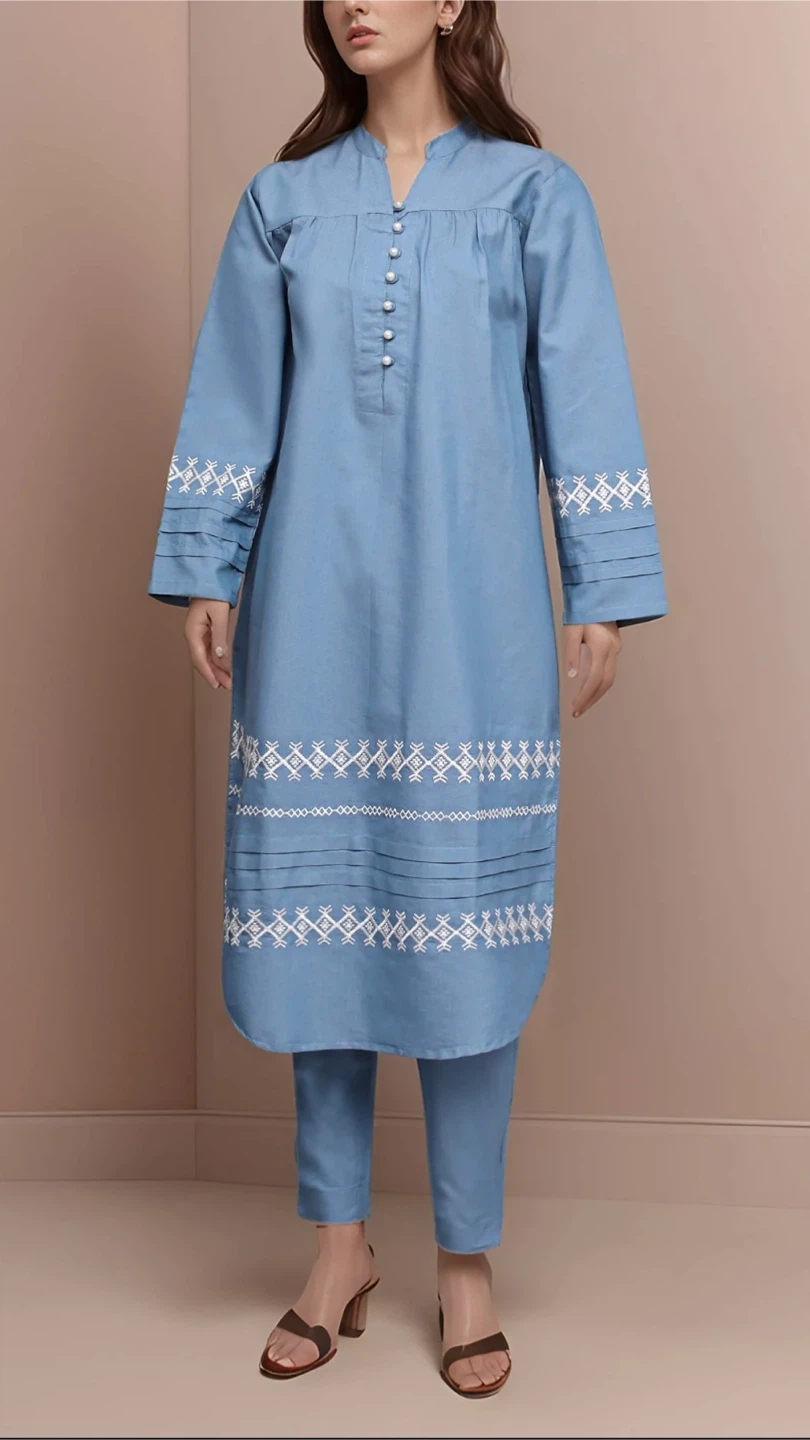 Blue Embroidered Kurti and Pants Set - photo 3