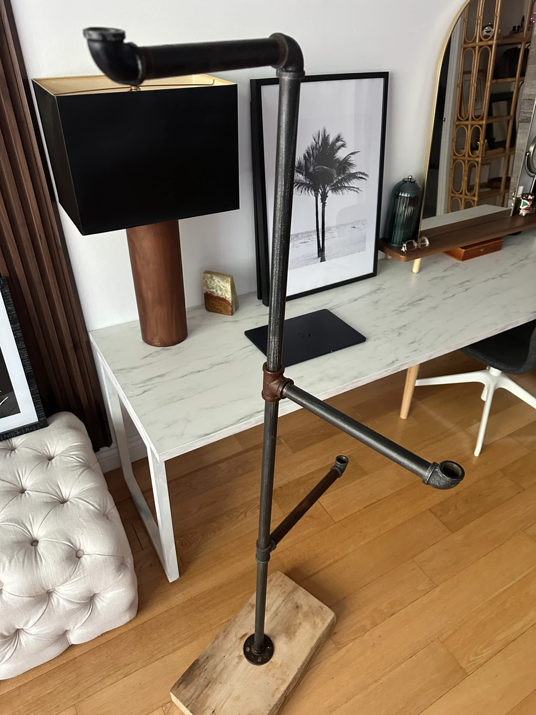 VINTAGE STEEL PIPE GARMENT RACK RECLAIMED WOOD CLOTHING STAND - photo 3