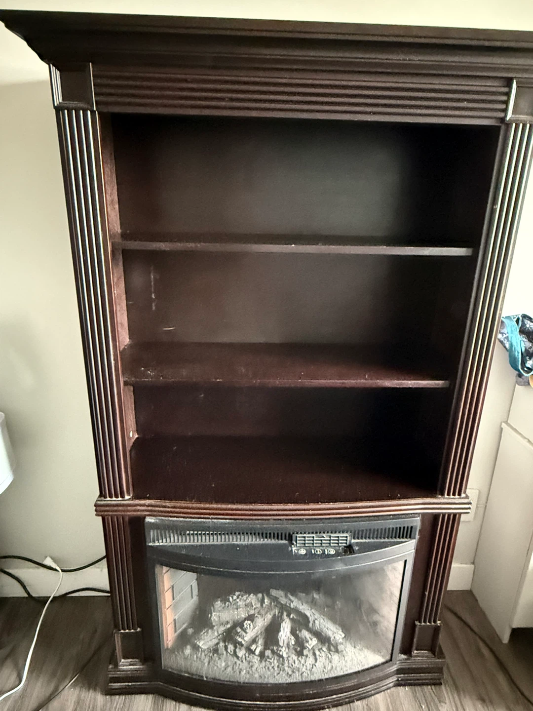 Dark Wood Bookshelf with Electric Fireplace