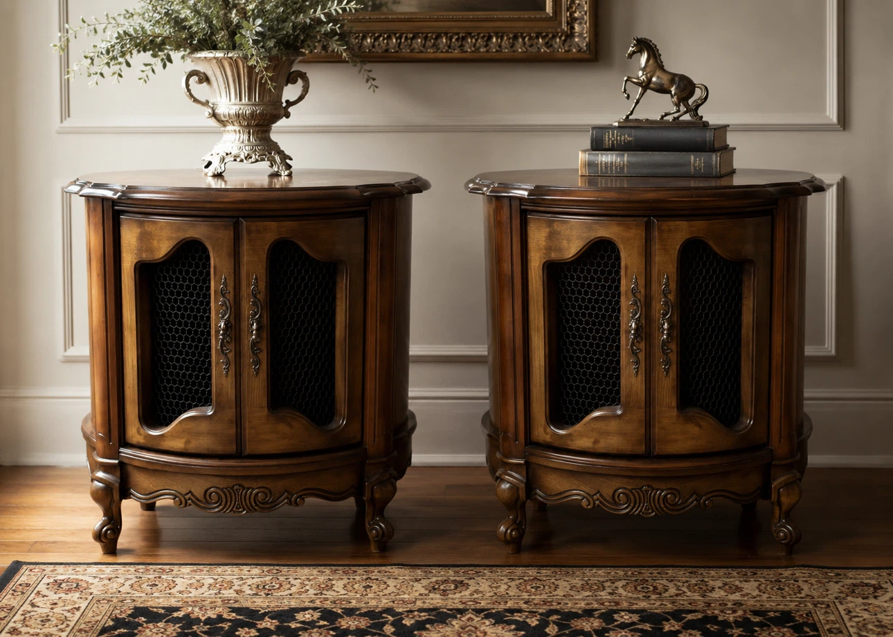 Vintage Wooden Accent Cabinet with Mesh Doors