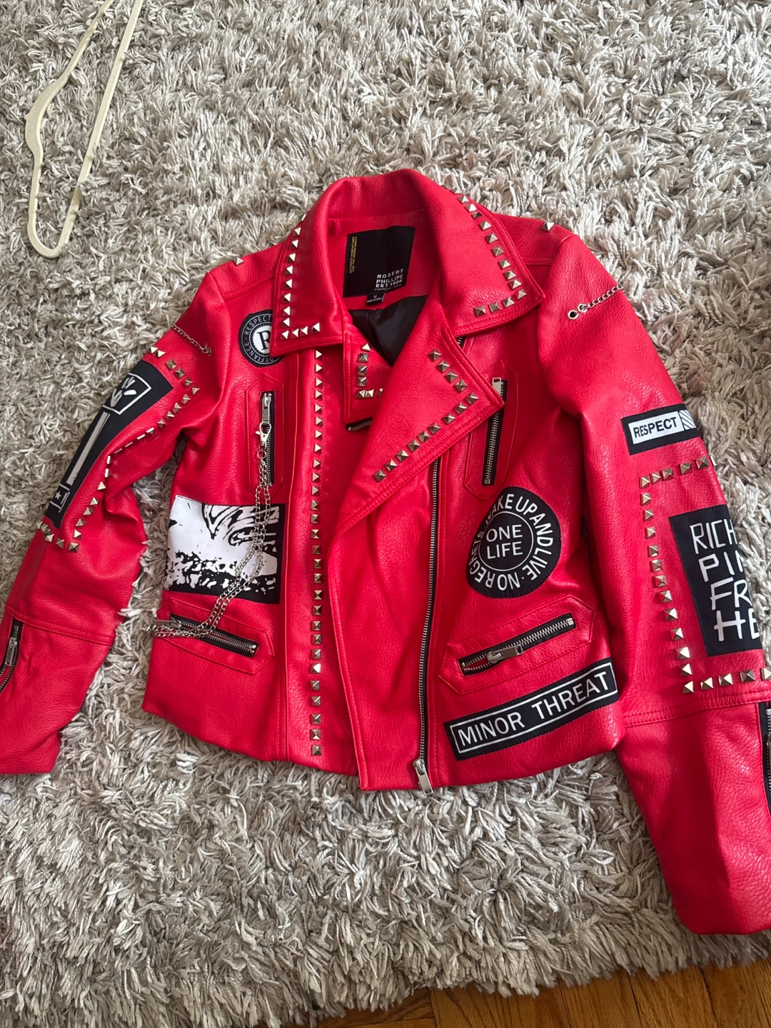 Robert Phillipe Red Studded Moto Jacket Size M