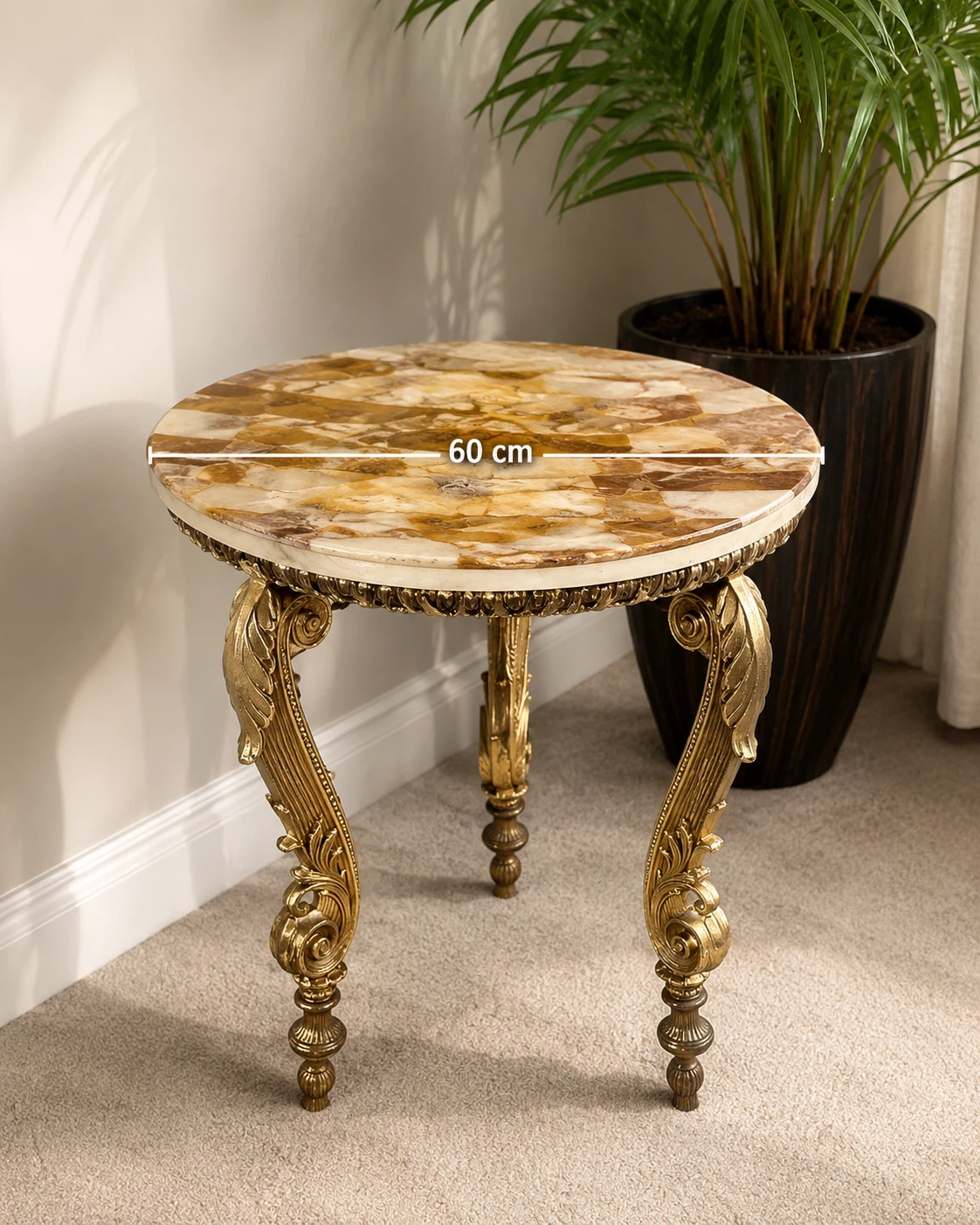 Round Onyx Side Table with Ornate Gold Legs