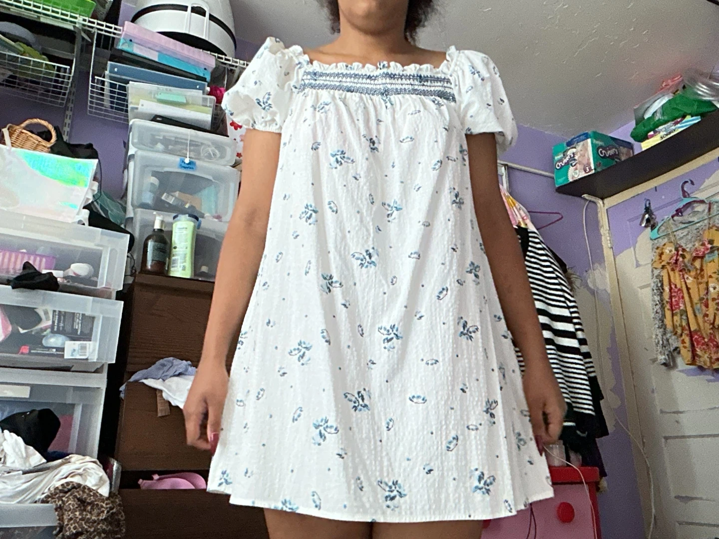 White and Blue Floral Smocked Dress