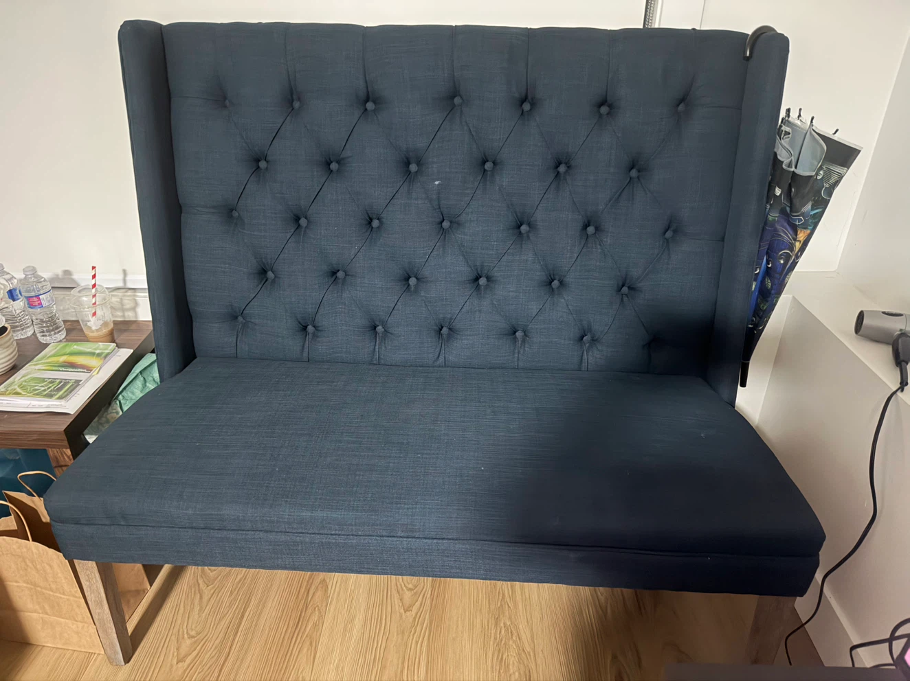 Blue Tufted Wingback Bench