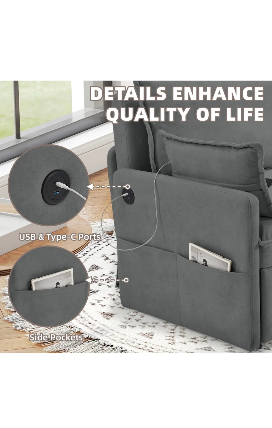 4-in-1 Grey Sofa Bed with USB Ports and Side Pockets