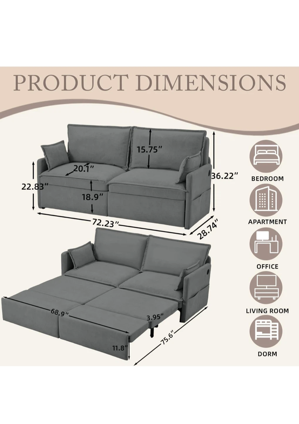 4-in-1 Grey Sofa Bed with USB Ports and Side Pockets - photo 2