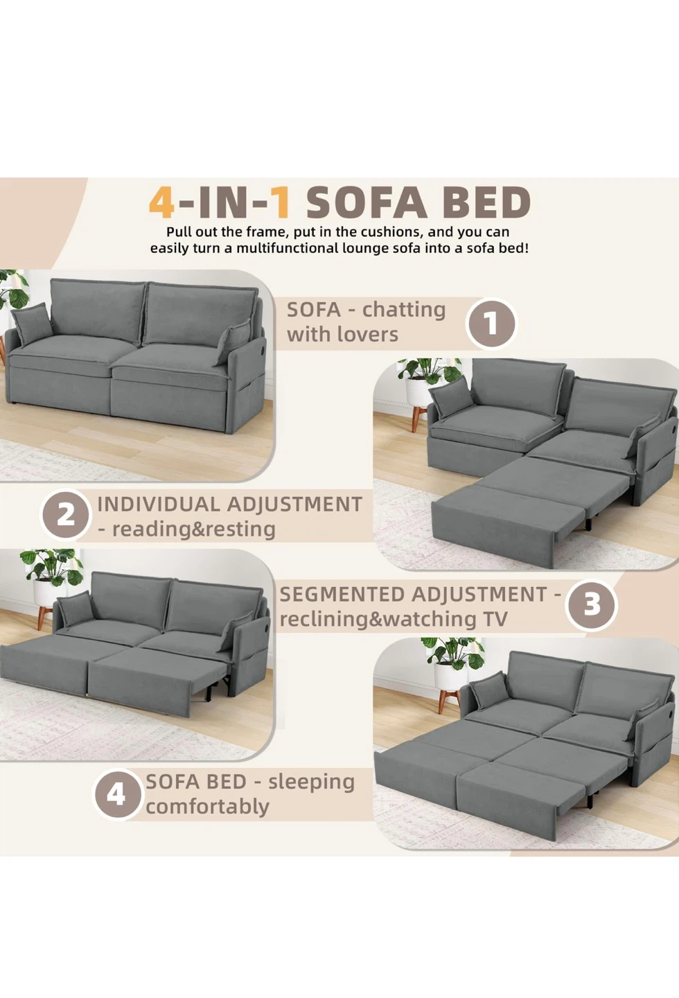 4-in-1 Grey Sofa Bed with USB Ports and Side Pockets - photo 3