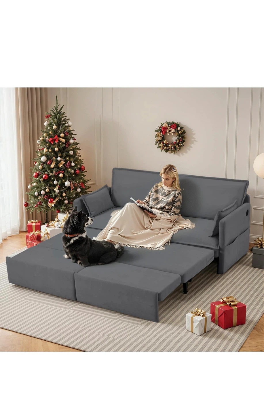 4-in-1 Grey Sofa Bed with USB Ports and Side Pockets - photo 4