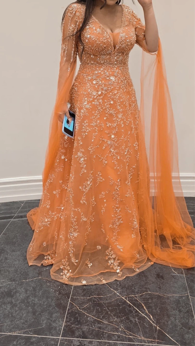 Orange Embellished Maxi Dress with Cape Sleeves