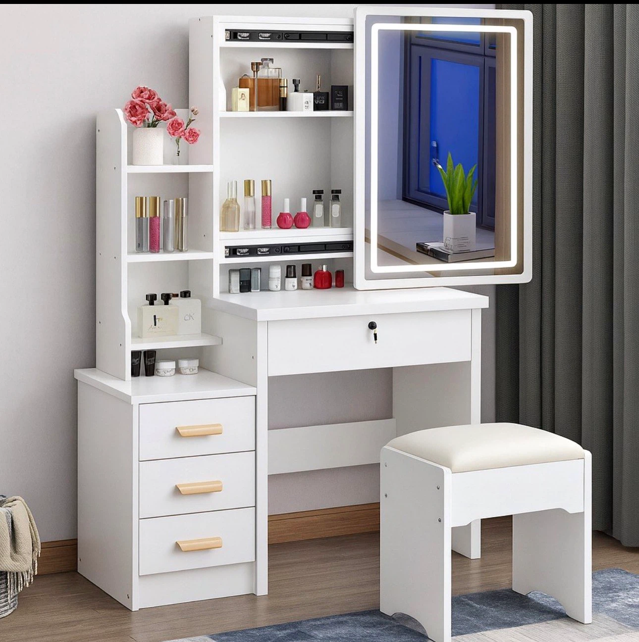 White Vanity Dressing Table with LED Mirror and Stool