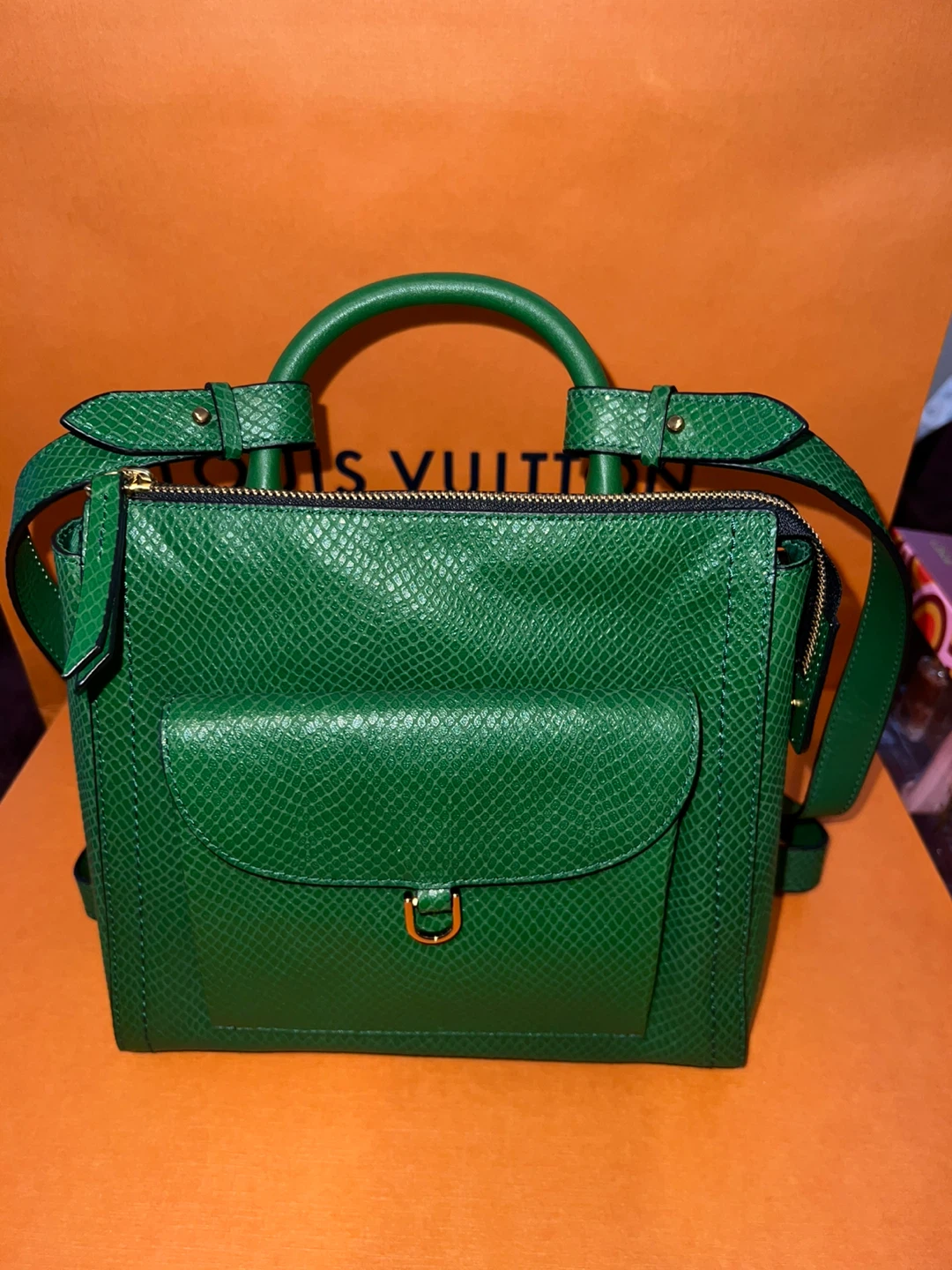 Fossil Green Faux Snakeskin Top Handle Bag