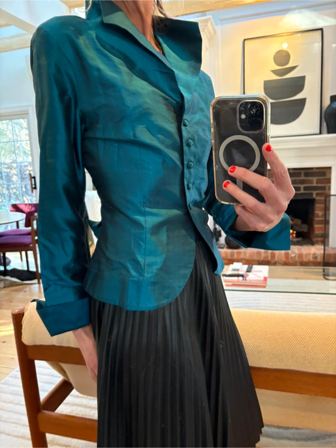 Gracie Teal Silk Blouse - Size L - photo 5
