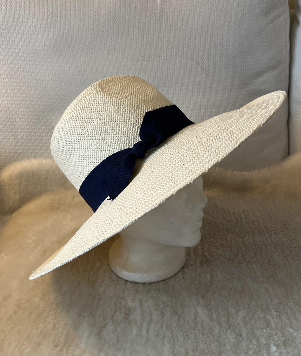 Halogen Straw Hat with Navy Ribbon