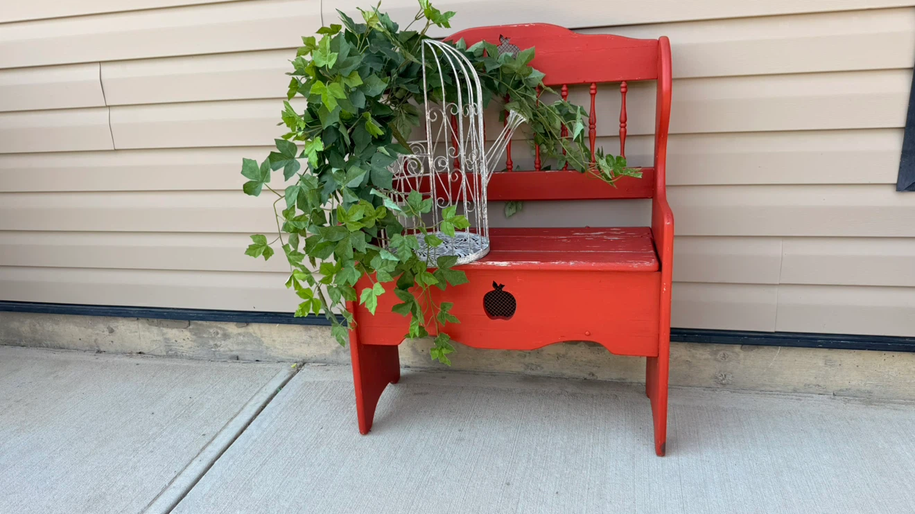 Red Wooden Bench with Storage and Apple Cutouts